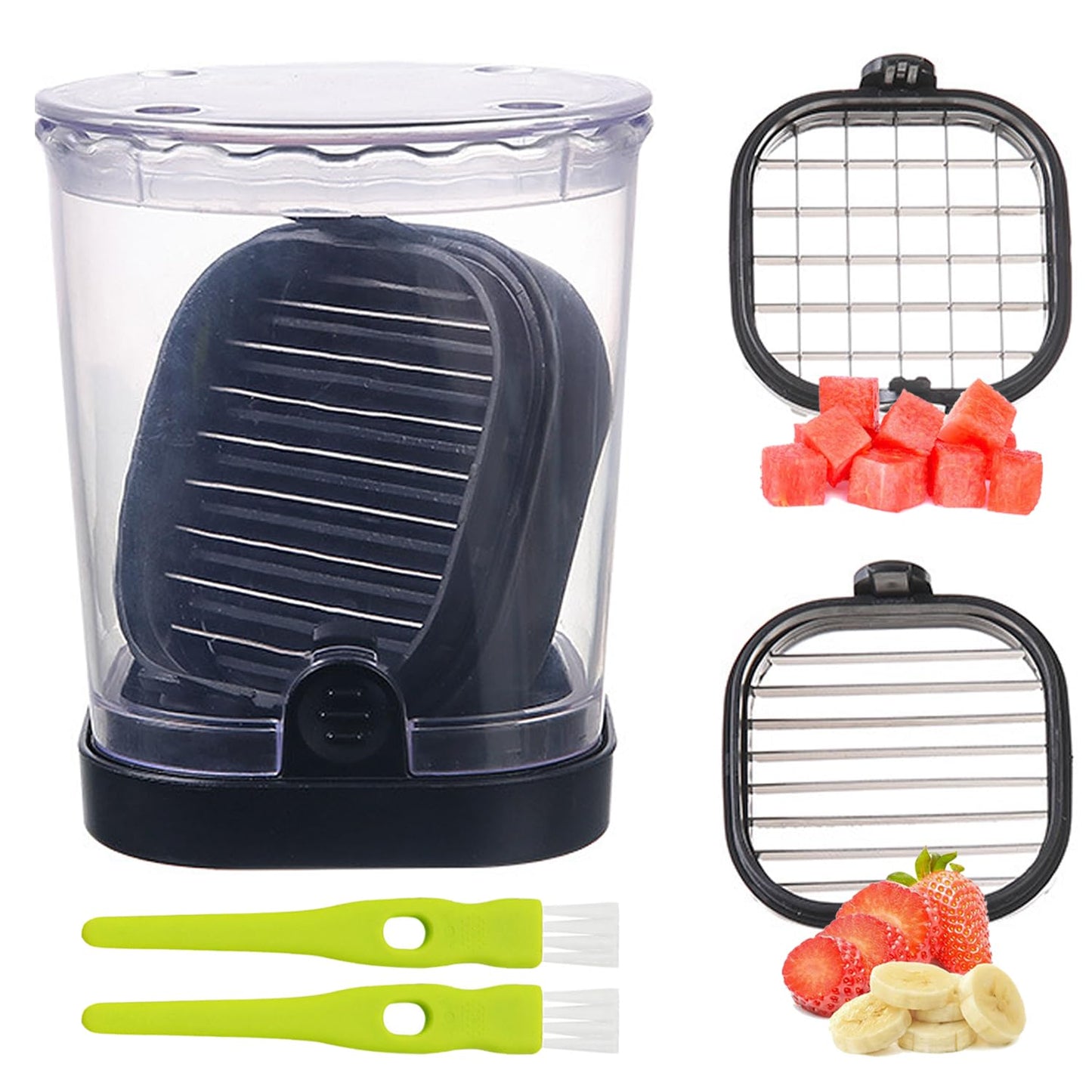 2-in-1 Detachable Fruit Slicer & Dicer, Stainless Steel Strawberry Slicer with Lid, Fruit Cutter with Push Plate for Banana Egg, Creative Cup Slicer, Must Have Vegetable Cutter Kitchen Gadget
