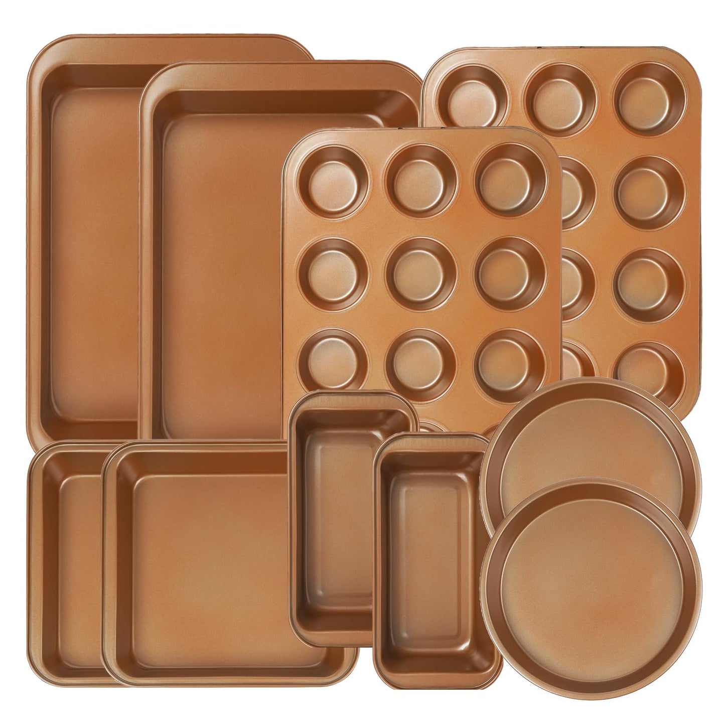 KOOMADE 10PCS Nonstick Baking Pans Set - Bakeware Sets for Cooking, Oven and Dishwasher Safe, Non Toxic, Includes Cookie Sheets for Baking, Muffin Pan, Bread Pan, Cake pan, Loaf Pan, Roasting Pan Gold