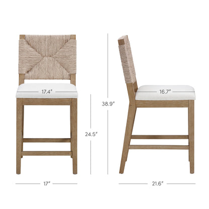 Nathan James Beacon Bohemian Boucle Bar Stool, Upholstered Counter Height Chair with Solid Wood Frame and Woven Seagrass Back for Kitchen Island, Light Brown/Seagrass/Cream Boucle, Set of 2