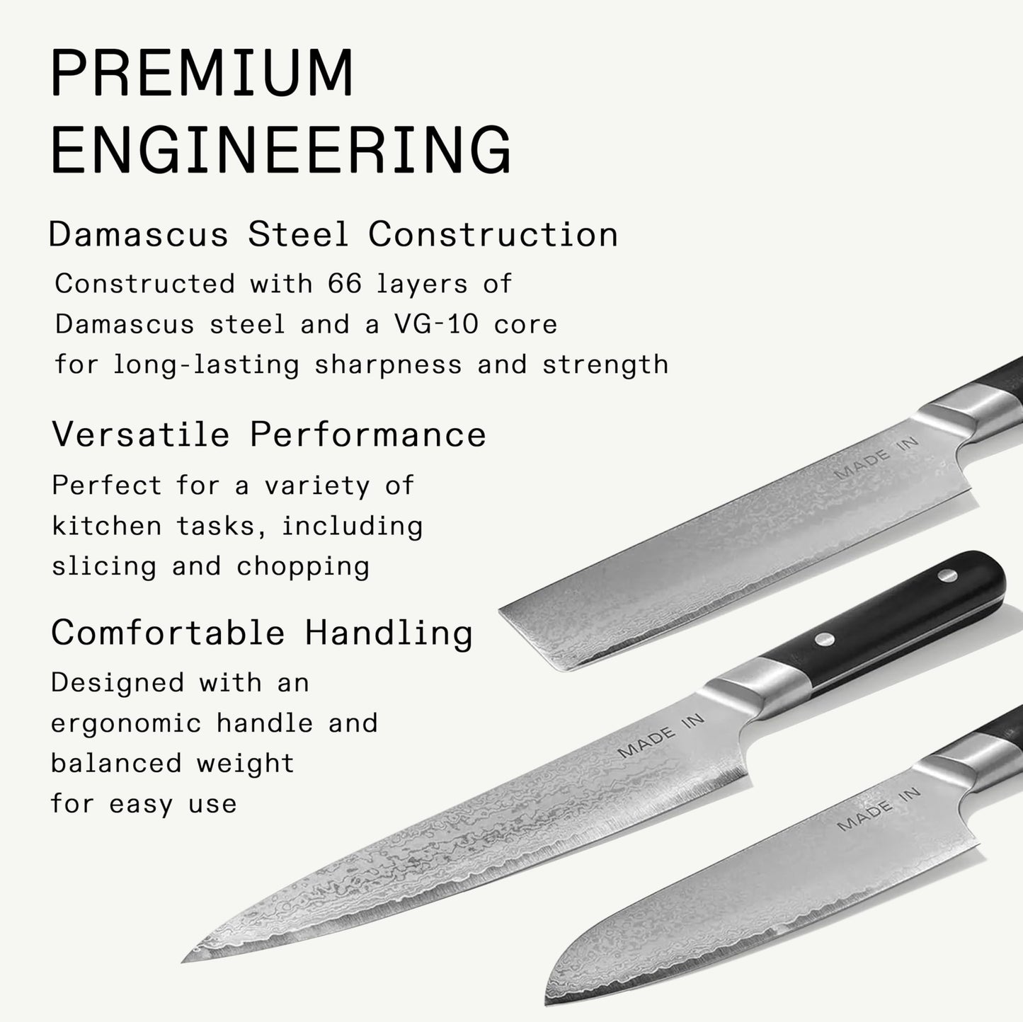 Made In Cookware | 3-piece Japanese Damascus Steel Knife Set (Includes Gyuto, Nakiri and Santoku) | 66 Layers of Damascus Steel with a VG-10 Core | Crafted in Japan | Full Tang With Black POM Handle