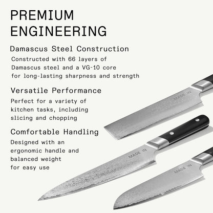 Made In Cookware | 3-piece Japanese Damascus Steel Knife Set (Includes Gyuto, Nakiri and Santoku) | 66 Layers of Damascus Steel with a VG-10 Core | Crafted in Japan | Full Tang With Black POM Handle