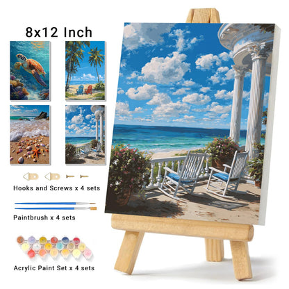 4 Pack Beach Framed Paint By Numbers Kit for Adults Beginner Sea Turtle Adult Paint By Number Kits on Canvas Painting By Numbers for Adults with Frame Diy Painting Kits for Home Wall Art 8x12 Inch