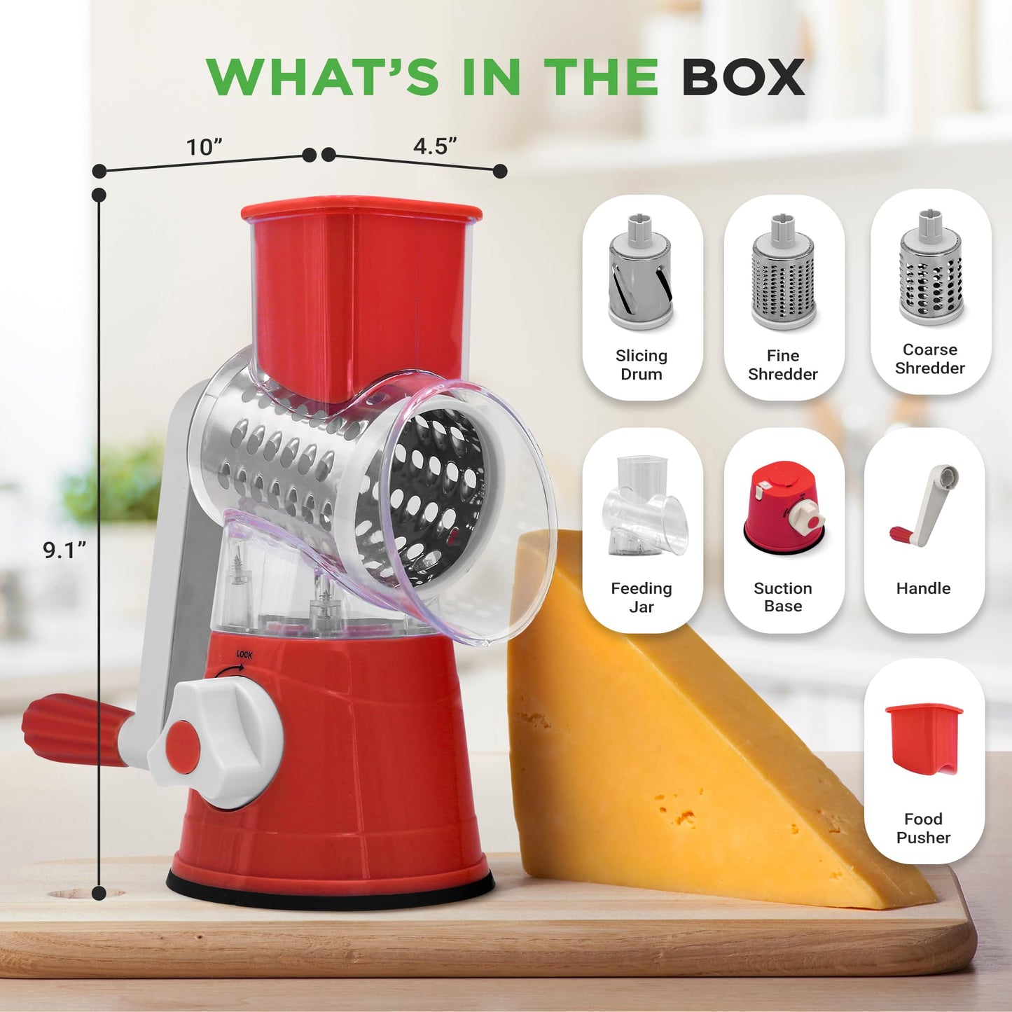 Nutrichef 3 in 1 Cheese Grater & Shredder | Strong Suction Base, Rotary Handle with Safety Lock | Includes Cleaning Brush, Hand Crank & 3 Drum Blades for 3 Textures, Fine, Medium & Strips | Red