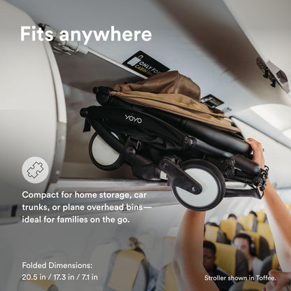 Stokke YOYO3 Stroller from 6 Months - Includes Black Frame/Olive Seat Cushion + Canopy - Folds in & Out in a Flash - Light & Compact - Carry-On Compatible