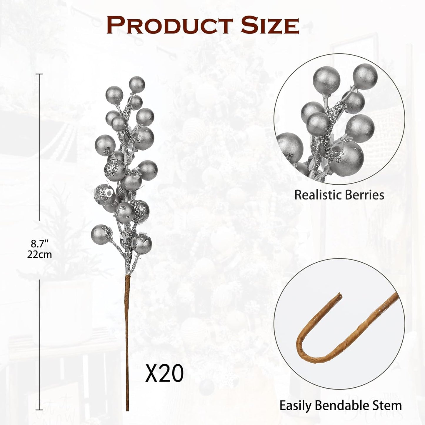 20 8.7" Briful PCS Artificial Christmas Berry Picks, Faux Berry Stems Spray with Glitter Paillette for DIY Crafts