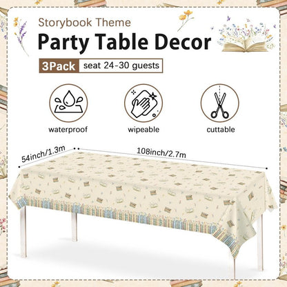 Caisehabu 3pcs Book Themed Party Decorations Tablecloths, Plastic Storybook Baby Shower Decorations Tablecloth for Book Club Party Decorations, 54in x 108in