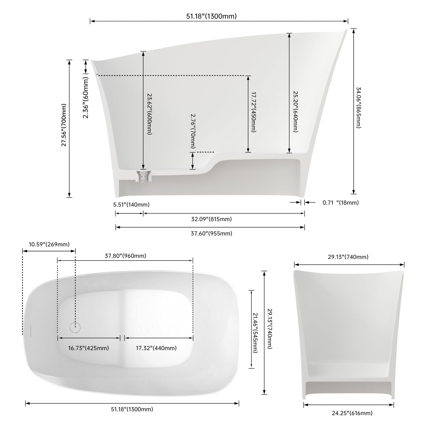 MEDUNJESS 51'' Japanese Soaking Tub Freestanding Bathtub Resin Stone Bathtubs Deep soaking Tub with Overflow and Pop-up Drain - White