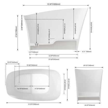 MEDUNJESS 51'' Japanese Soaking Tub Freestanding Bathtub Resin Stone Bathtubs Deep soaking Tub with Overflow and Pop-up Drain - White