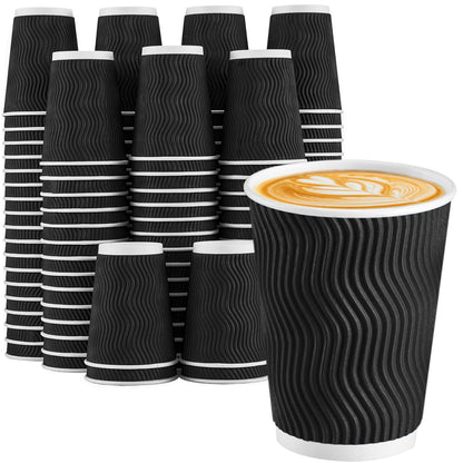 Lamosi Disposable Coffee Cups 12 oz 100 Pack, Paper Coffee Cups 12 oz for Hot Drinks or Cold Beverages, Insulated Corrugated Ripple Wall Cup for Office, Cafe, Home or Travel (Black)