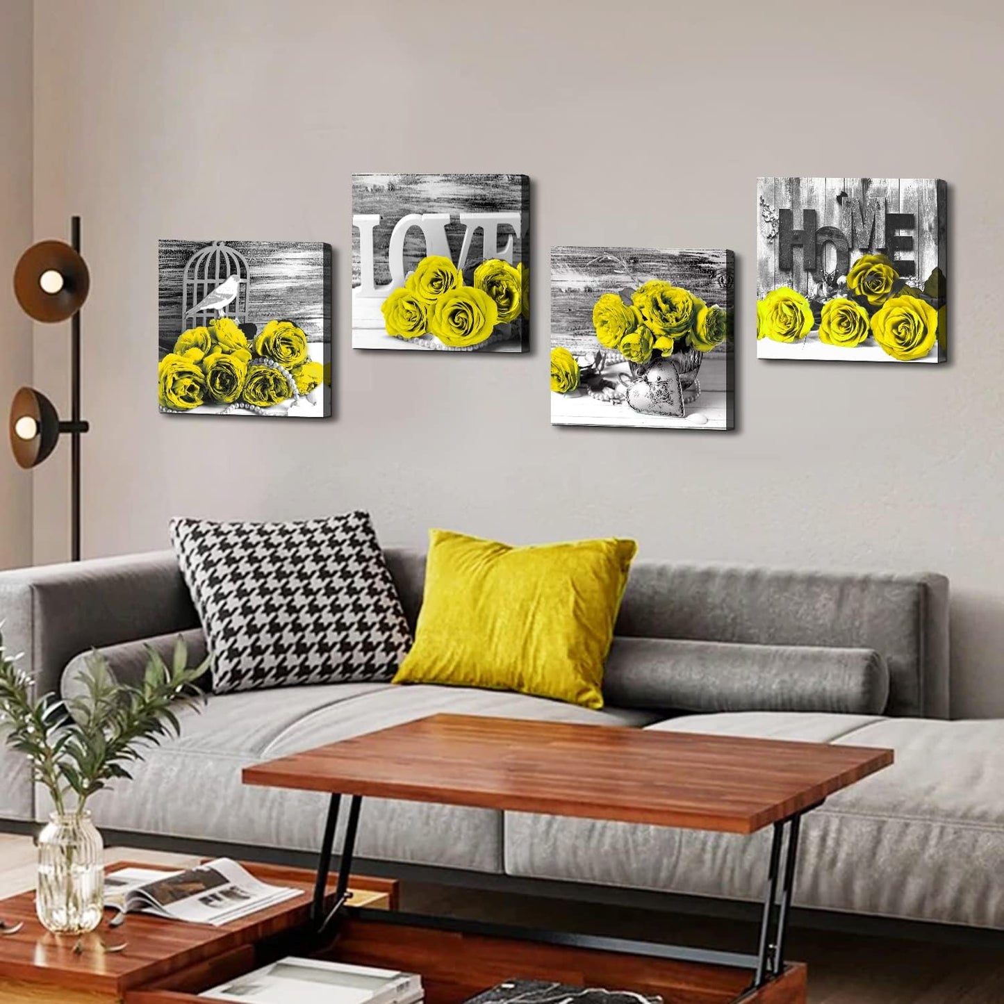 Yellow Rose Wall Pictures for Bedroom: Yellow and Grey Floral Posters, 12x12" 4Pcs, Romantic Flower Canvas Prints