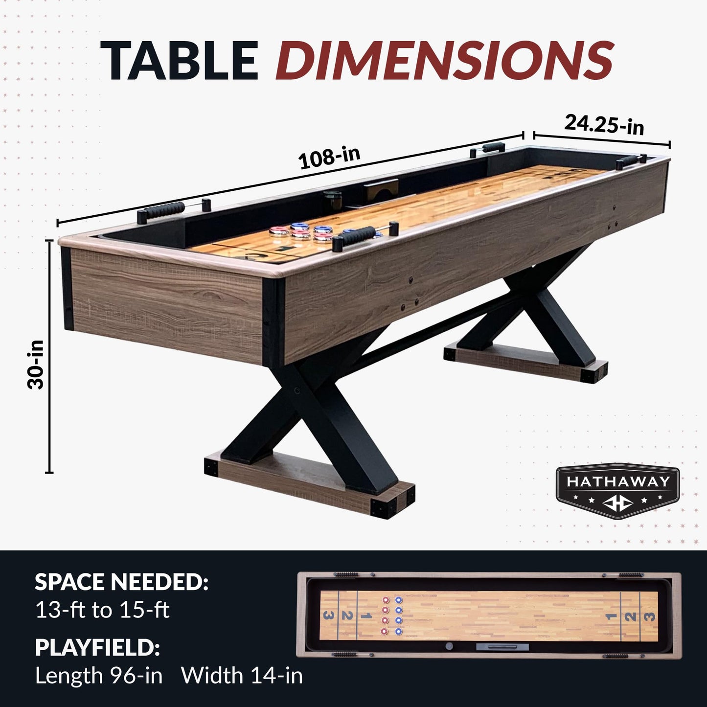 Hathaway Excalibur 9-Ft Shuffleboard Table for Great for Family Recreation Game Rooms, Designed with a Rustic Driftwood Finish with Built-In Leg Levelers, Includes 8 Pucks, Table Brush and Wax