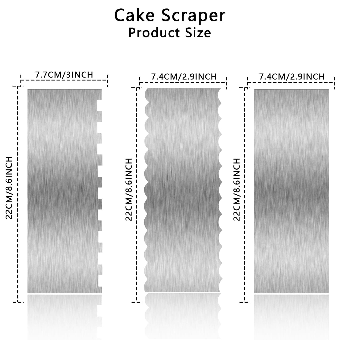 3 Piece 9 Inch Stainless Steel Cake Scraper, Cream Cake Scraper Sided Patterned Edge Stripe Edge Smoother Scraper Cake Smoother Frosting Scraper Cake Decorating Comb for Mousse Butter Cream