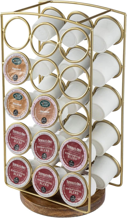 MyGift Modern Brass Tone Plated Metal and Brown Mango Wood Coffee Pod Holder Stand, Handcrafted in India