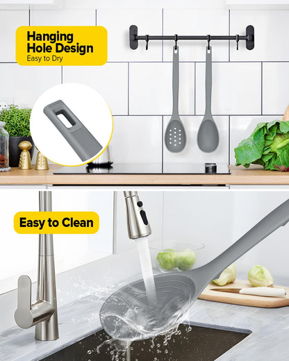 Pack of 2 Silicone Cooking Spoons, Non Stick Solid Kitchen Spoon with Measuring Marks & Back Hooks, Heat Resistant Silicone Slotted Spoon for Cooking, Mixing, Stirring,Serving (GRAY)