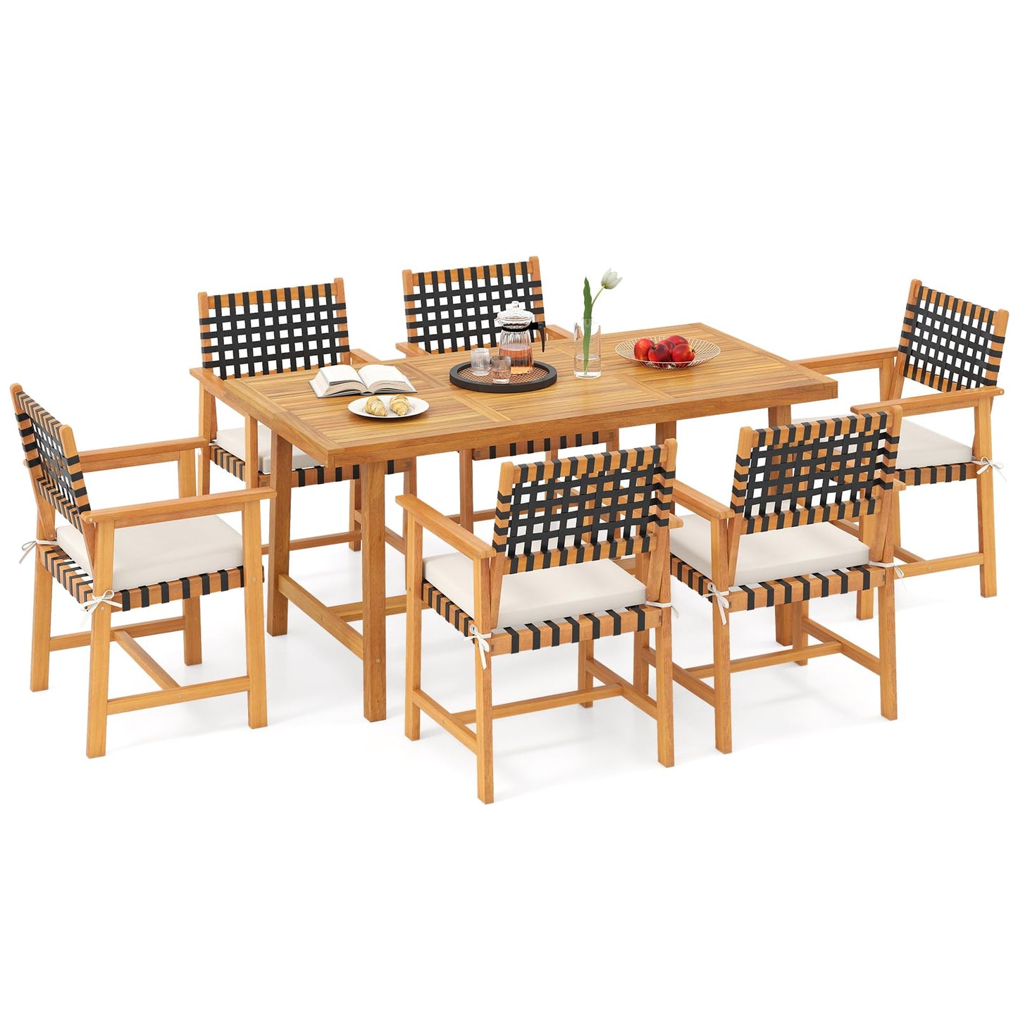 Tangkula 7 Piece Patio Dining Set for 6 People, 63” Outdoor Rectangular Acacia Wood Table with 1.97” Umbrella Hole & 6 Armchairs with Padded Seat Cushions, for Deck Yard and Poolside