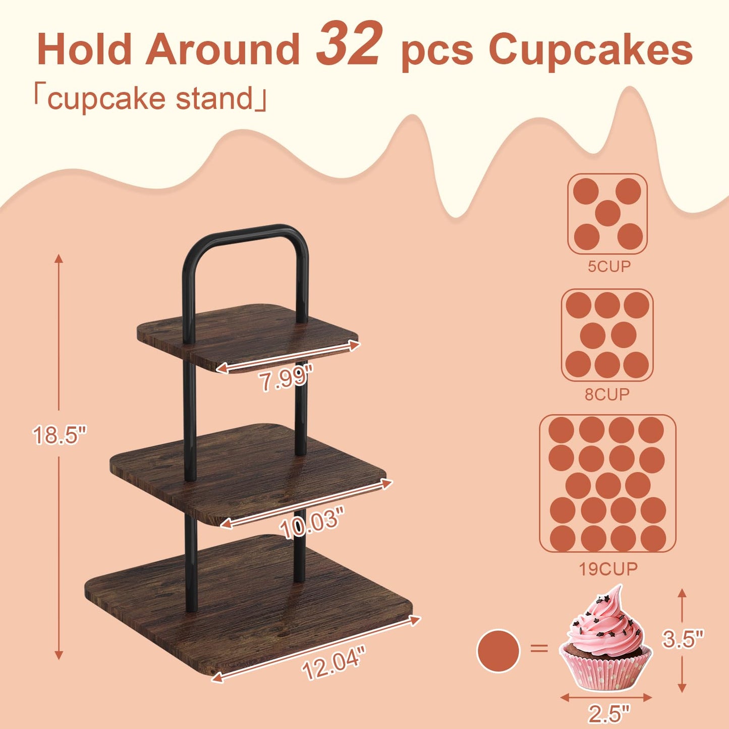 VyGrow Cupcake Stand, 3-Tier Dessert Stand for 32 Cupcakes, Wood & Metal Tower Display Premium Holder Dessert Tree Tower for Christmas Birthday Weddings Party Decor, Serving Tray, Wood Brown