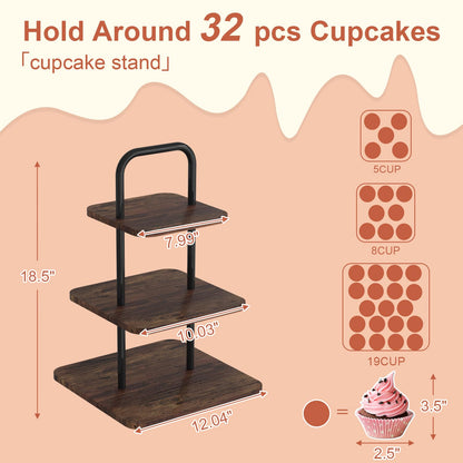 VyGrow Cupcake Stand, 3-Tier Dessert Stand for 32 Cupcakes, Wood & Metal Tower Display Premium Holder Dessert Tree Tower for Christmas Birthday Weddings Party Decor, Serving Tray, Wood Brown