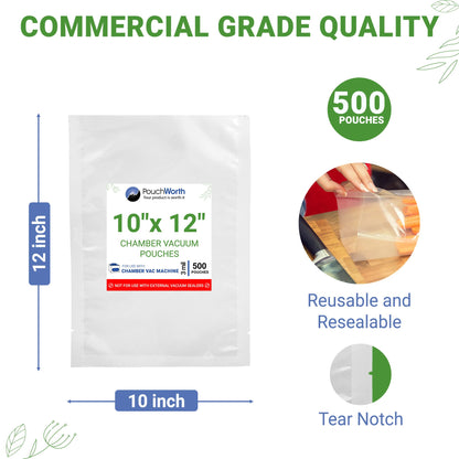 PouchWorth 500 pcs Clear 10" x 12", 3 mil Chamber Machine Pouches, Pre-Cut Chamber Vacuum Sealer Bags, Heavy Duty Seal Pouch, BPA-Free Chamber Sealer Bags with Tear Notch