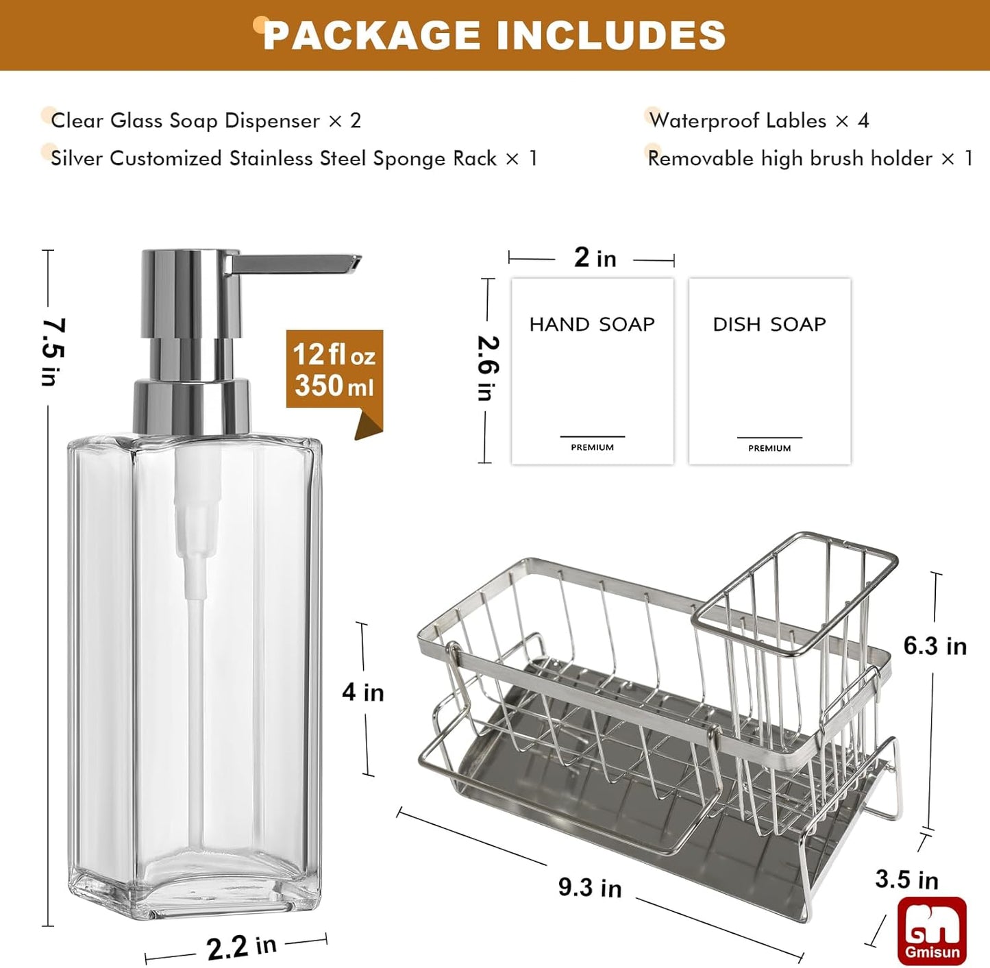 12 oz/350ml Set GMISUN Kitchen Soap Dispenser, Fl Clear Dish Soap Dispenser with Silver Sponge Holder, Customized Glass