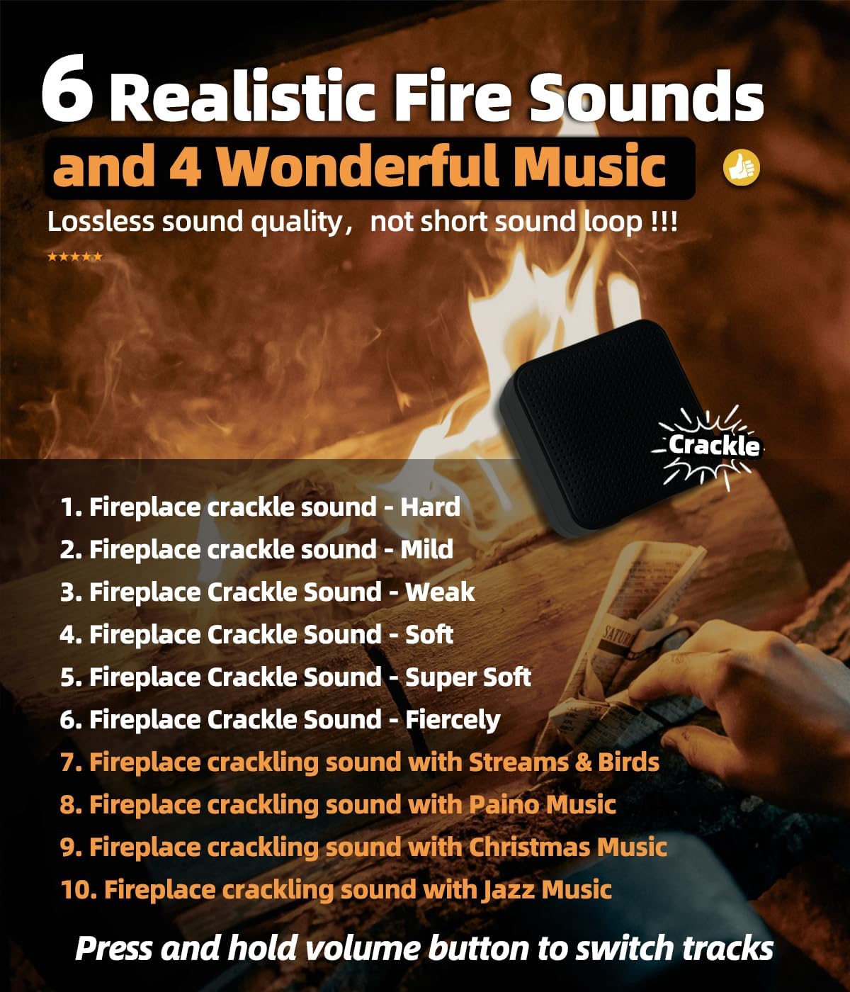 2 1 3H MSELTOS Fireplace Crackler Sound Box for Electric Fireplace, in Realistic Rechargeable Fire Crackling Sound