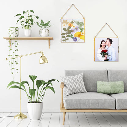 Treela Pressed Flowers Glass Frames 6 x 6 Inch, Hanging Double Glass Picture Frame Clear Square Floating Frames with Chains Graduation Wedding Gift for Dried Plant Specimen Gallery(Gold,4 Pieces)