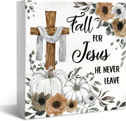 Christian Sign Fall Decor, Rustic Wood Box Desk Decor for Living Room and Bedroom, 5x5 Inch "Fall for Jesus He Never