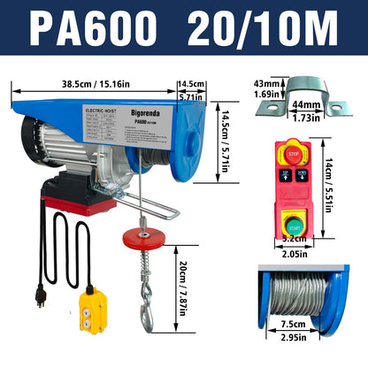 Bigorenda 1320lb Electric Hoist with Remote Control/Wired Control, Electric Hoist 2 in 1, 110v Electric Hoist with Single/Double Slings,65.6/33ft Lifting Height, for Factory Attic Garage Warehouse