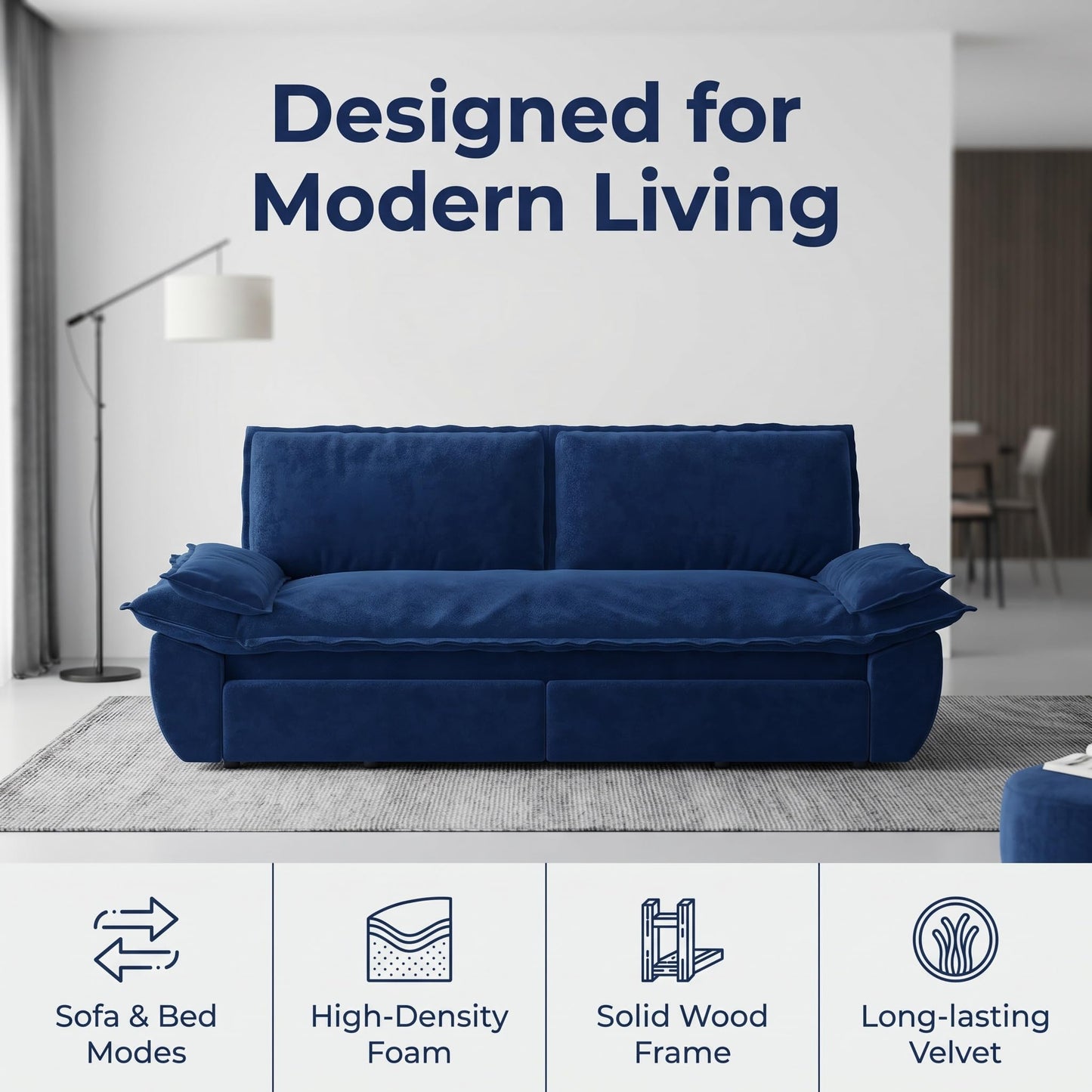 Trygoal Queen Sofa Bed, 3-in-1 Convertible Pull Out Couch, Velvet Couch with Pull Out Bed, Couch that Turns into Bed, Sleeper Sofa Bed for Living Room, Apartment, Small Space, Blue