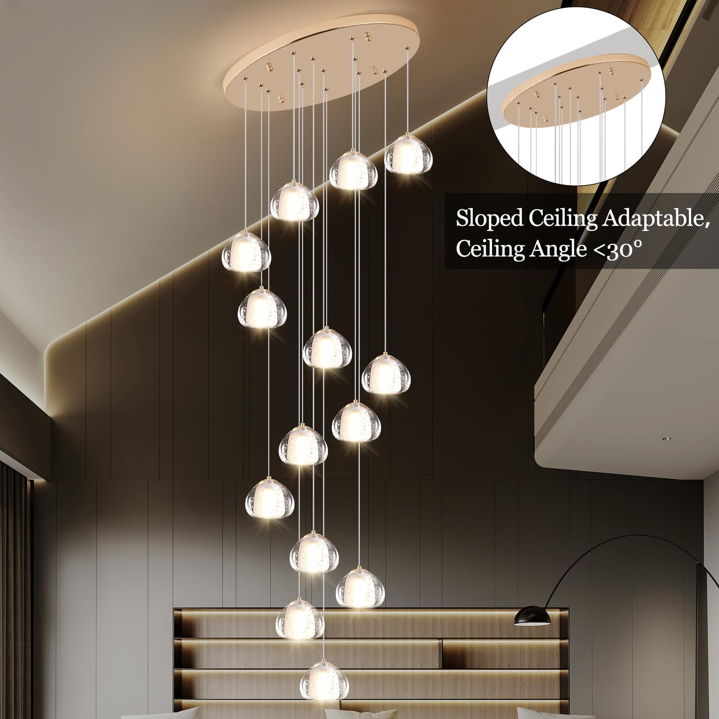 YwueChwu Gold Crystal Chandeliers for Staircase 14-Lights, H120 Inches Modern Indoor High Ceilings LED Pendant Light Fixture for Living Room Foyer Entryway