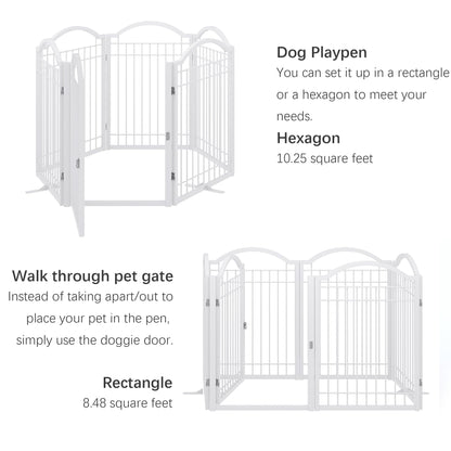 BHG Metal No-Assembly Freestanding Dog Gate with Door Walk Through, Extra Wide 144", Extra Tall 32" Pet Gate, Accordion Puppy Folding Playpen Dog Fence, with 2PCS Support (White, 6 panesl)