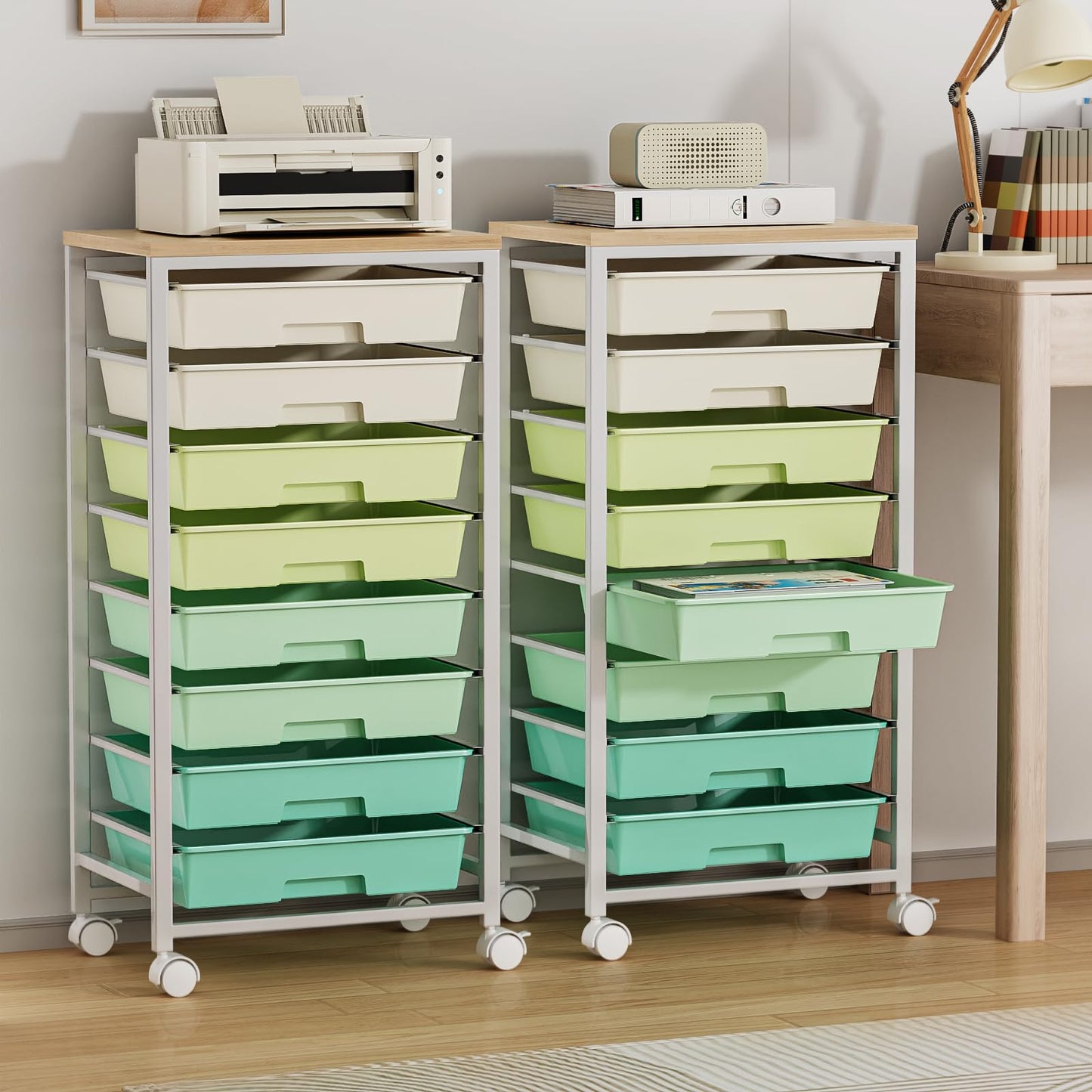 Rolling Storage Cart with 8 Drawers & Wooden Tabletop, Utility Cart On Wheels for Craft Storage, Home, School, Bedroom, Living Room, Dorm, Office, Classroom Storage Organizer Cart, Green, White