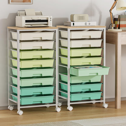 Rolling Storage Cart with 8 Drawers & Wooden Tabletop, Utility Cart On Wheels for Craft Storage, Home, School, Bedroom, Living Room, Dorm, Office, Classroom Storage Organizer Cart, Green, White
