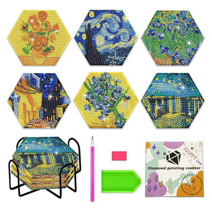 NUFTVI Van Gogh Diamond Painting Coasters Kit with Holder, 5D Full Crystal Diamond Art Coasters Kit for Adults. 6 PCS