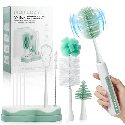 Momcozy Electric Baby Bottle Brush Set with Drying Rack, 7-in-1 Powered Bottle Cleaner & Formula Mixer, Portable Newborn Essentials for Pump Parts & Travel.