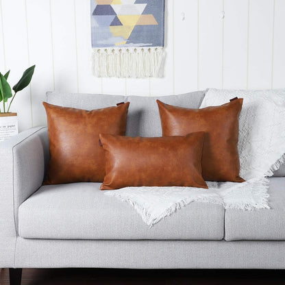 MANDIOO Set of 2 Faux Leather Decorative Throw Pillow Covers Modern Solid Outdoor Cushion Cases Luxury Pillowcases for Couch Sofa Bed 22x22 Inches Brown