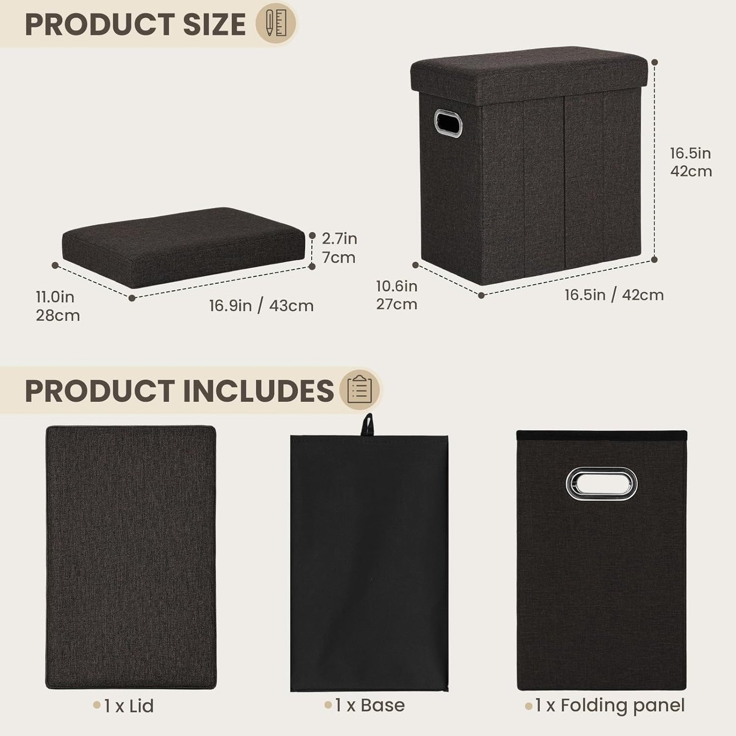 16.5x16.5x10.6in COSYLAND Ottoman with Storage Collapsible Fabric Ottoman Footrest Foot Stool for Room Small Slim Tall