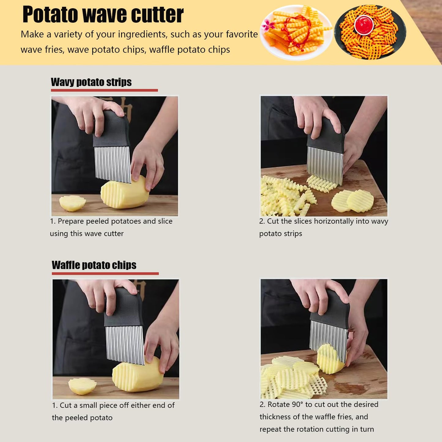 Crinkle Cutter, Stainless Steel Wavy Chopper Slicer Vegetable Salad Garnishing Tools with Cleaning Brush, Fry Cutter for Potatoes (3-piece Set)