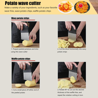 Crinkle Cutter, Stainless Steel Wavy Chopper Slicer Vegetable Salad Garnishing Tools with Cleaning Brush, Fry Cutter for Potatoes (3-piece Set)