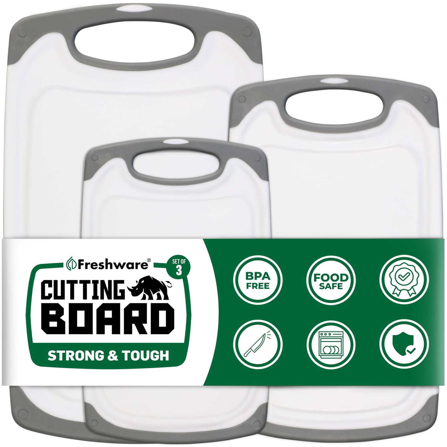 Freshware Cutting Boards for Kitchen, Chopping Board 3-Pack with Different Sizes, Juice Grooves and Non Slip Handles - Reversible, Large Cutting Board Set - Dishwasher Safe - Gray
