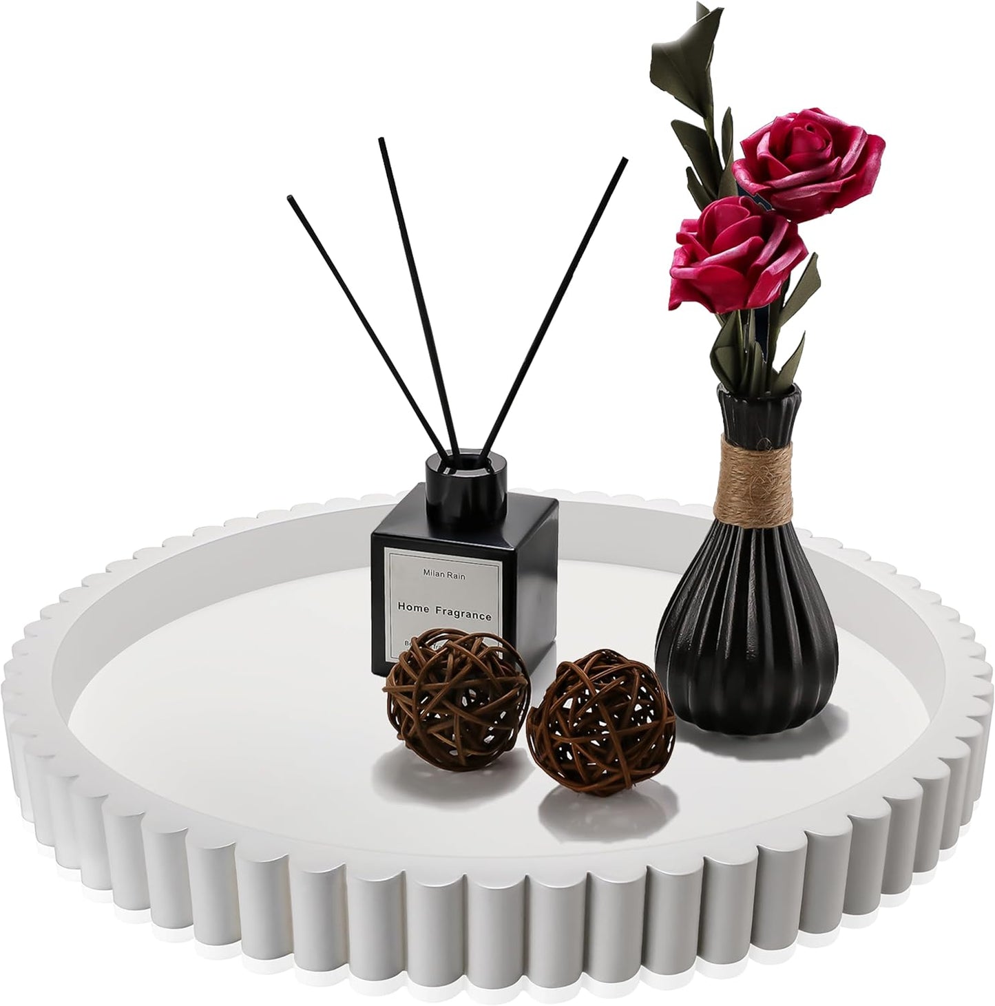 12in Handmade Decorative Tray for Coffee Table Tray Decor, White Wooden Decorative Round Tray for for Coffee Table