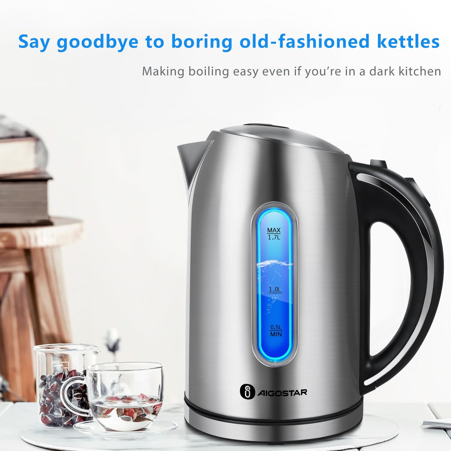 Aigostar King - Electric Kettle Stainless Steel, 1.7 Liter Cordless Tea Kettle, 1100W Hot Water Kettle with Auto Shut-Off, BPA-Free