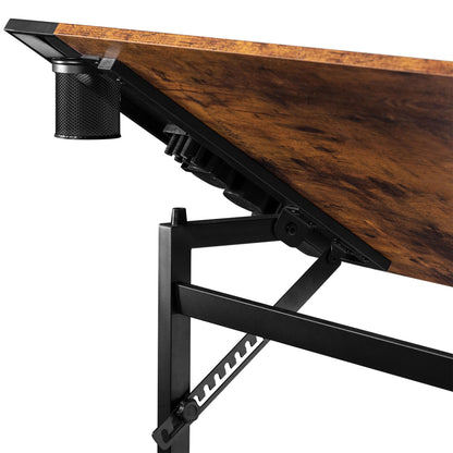 VECELO Vintage Drawing Drafting Table, Adjustable Tilting Top Art Desk Craft Work Station with Pencil Ledge, Lockable Slide Rolling Wheels for Painting Diamond Reading Writing Study, Rustic Brown