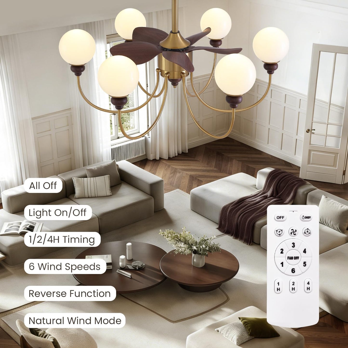 CROSSIO Luxury Mid Century Gold Fandelier 36" Large Ceiling Fans with Lights and Remote Control 6 Speeds 6 Lights Vintage Globe Chandelier Fan for Living Room Dining Room