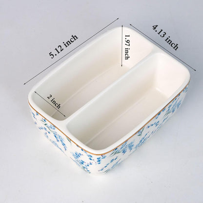 2 Countertop Compartments Ceramic Sponge Holder for Kitchen Sink, Cute Floral Dish Sponges Holder Soap Sink Organizer