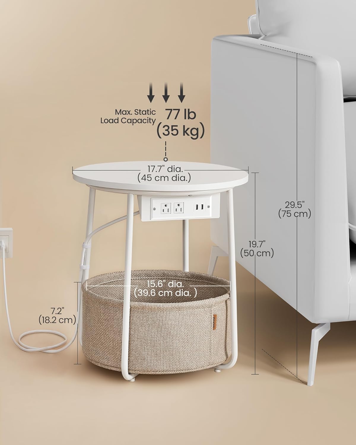 ULET228W01 VASAGLE LILEA Collection - Side Table with Charging Station, Round End Table with Fabric Basket, Nightstand