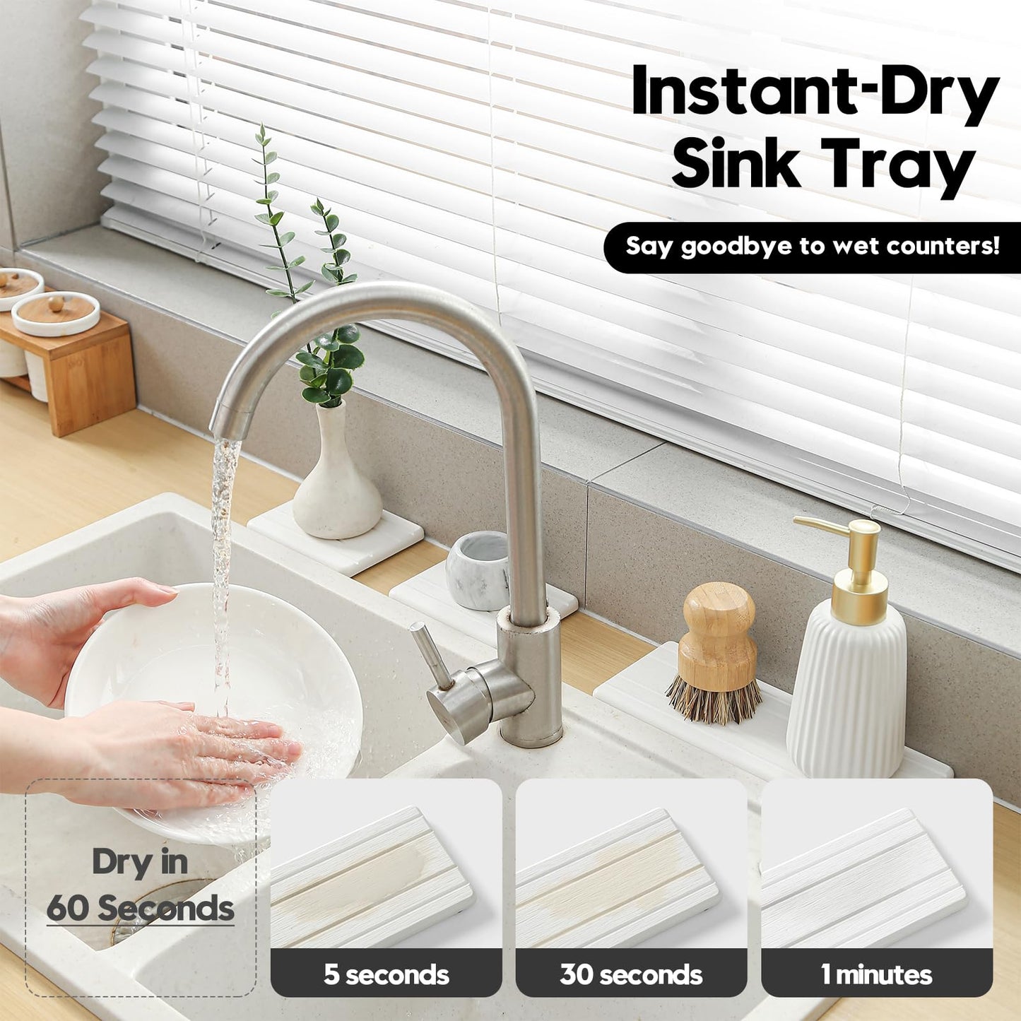 3 Pack Stone Drying Tray, Water Absorbing Stone Sink Mat for Kitchen & Bathroom Counter, Diatomite Soap Dish Vanity Caddy, Sponge Holder Organizer, White - 2pcs of 4.5"x 3.5" and 1pc of 9"x 3.5"