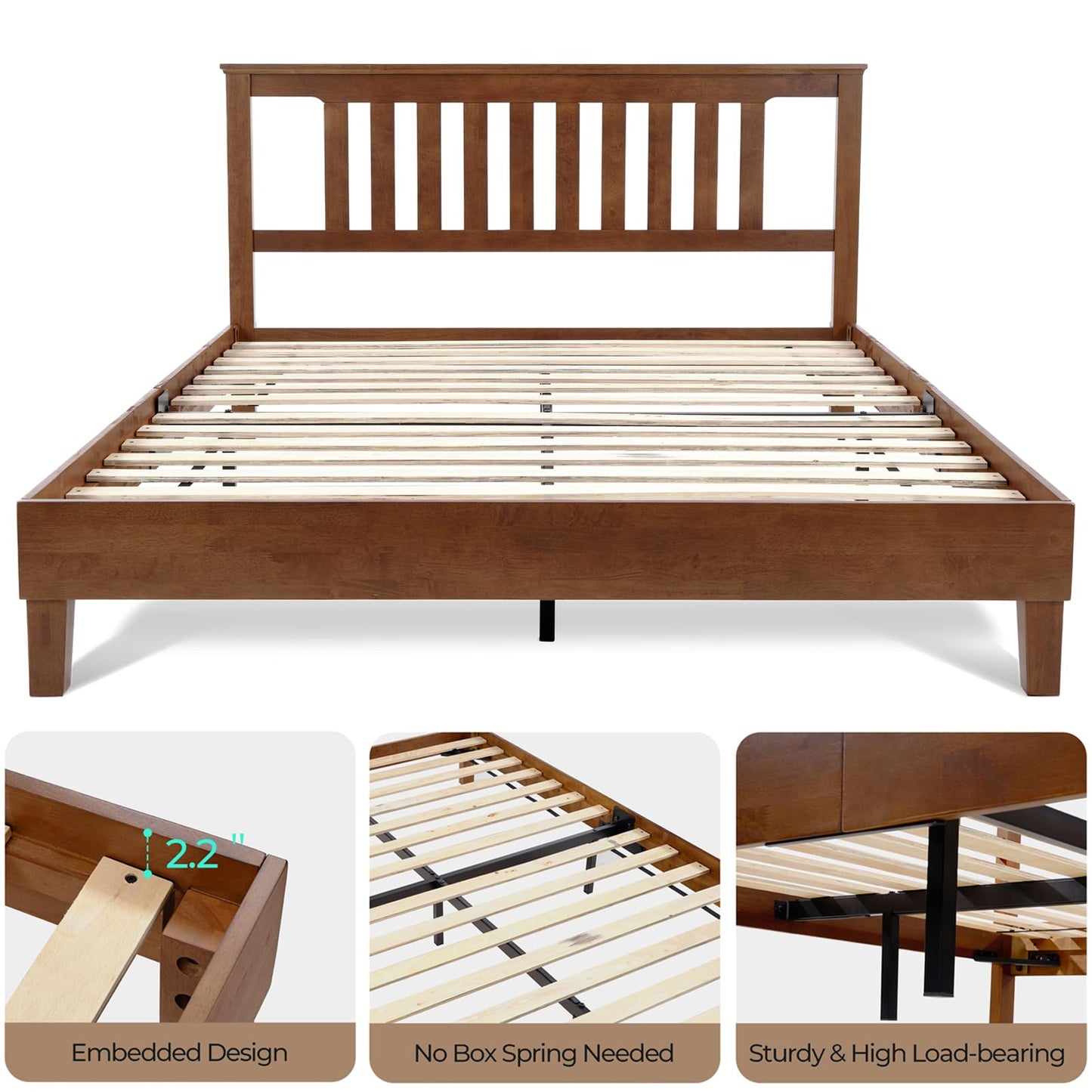 LINSY Solid Wood Bed Frame, Full Bed Frames Wooden Platform Frame with Headboard and Slat Bases, Mid Century Modern Bedframe No Box Spring Needed, Easy Assembly, Antique Walnut