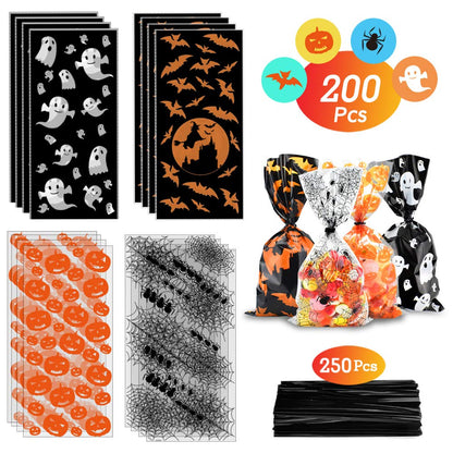 ERKOON Halloween Candy Bags 200pcs Pumpkin Spider Web Bat Ghost Print Treat Bags with Twist Ties for Halloween Party Supplies, Bulk Gift Bags for Trick-or-Treat