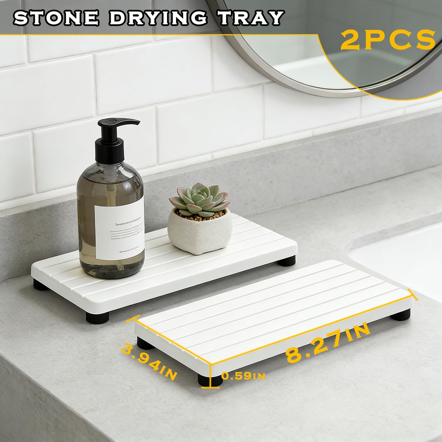 2PCS Stone Drying Tray, Water Absorbing Stone Tray for Sinks, Neat Diatomite Sink Trays, Fast Drying Kitchen Sponge Hand Soap Holder, Instant Dry Sink Coasters Used for Bathroom Counter -White
