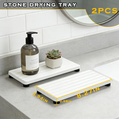 2PCS Stone Drying Tray, Water Absorbing Stone Tray for Sinks, Neat Diatomite Sink Trays, Fast Drying Kitchen Sponge Hand Soap Holder, Instant Dry Sink Coasters Used for Bathroom Counter -White
